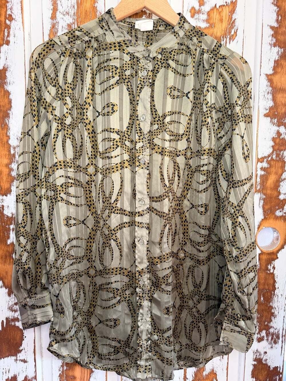 Richard Allan x H&M Women’s Snake Print Blouse Sz 6 Sheer Button Front Retro